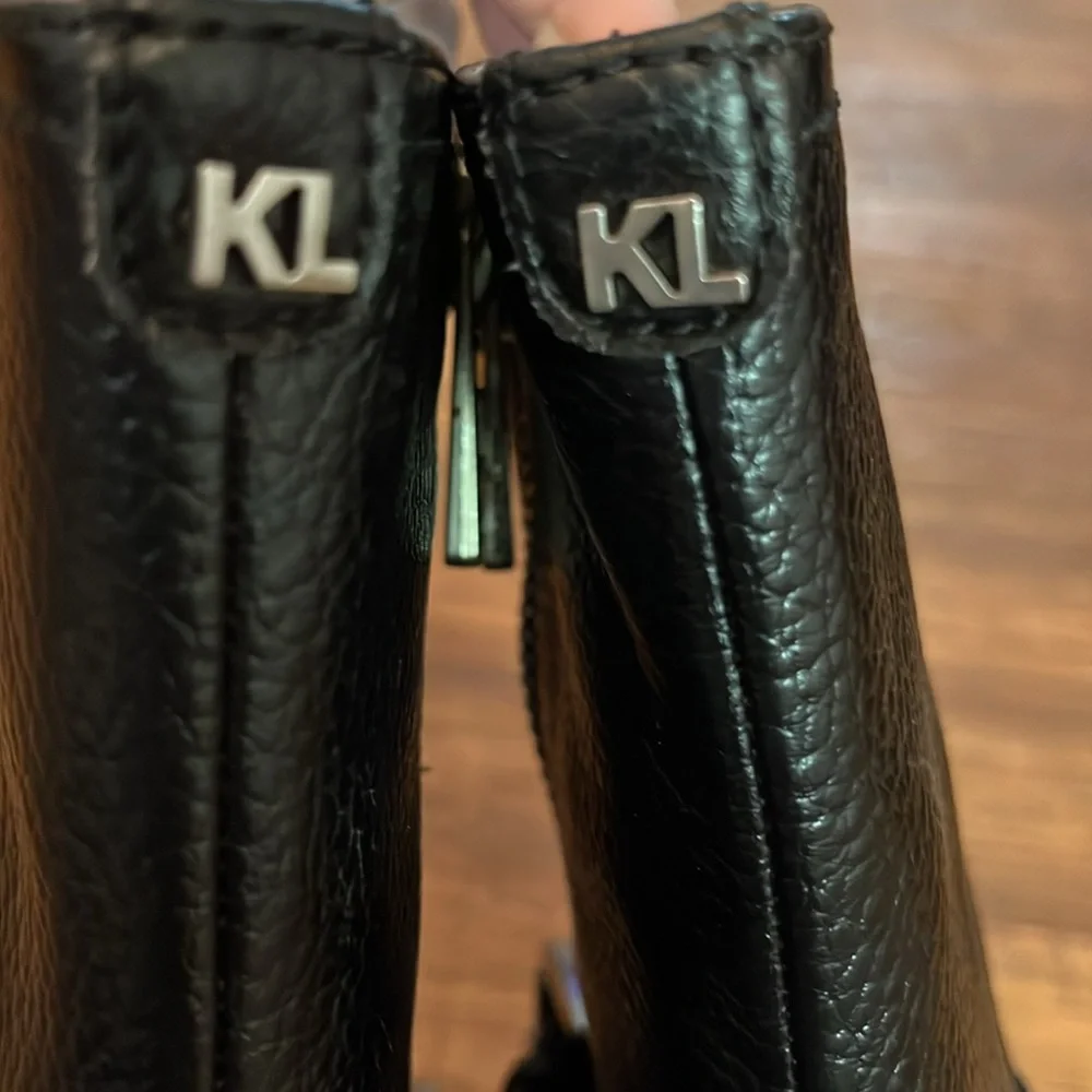 Karl Lagerfeld Mable Lug-Sole Heeled Black Boot W/Crystal & Polished Studs Strap